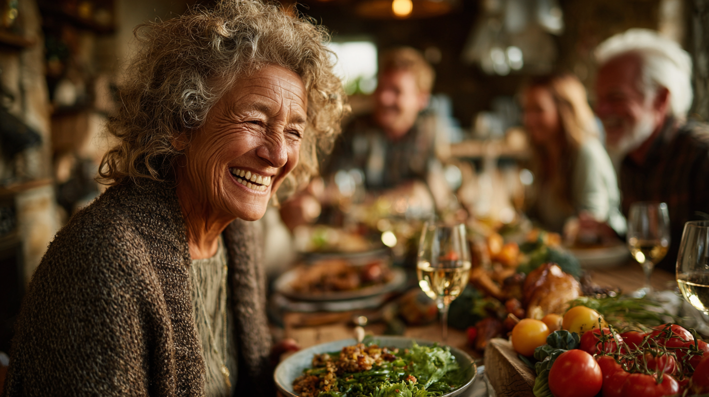 Seniori fericiți și sănătoși bucurându-se de o masă nutritivă